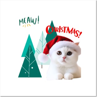 White Cat in Santa hat with Christmas Tree ,Brafdesign Posters and Art